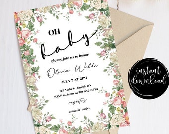 Editable A Little Wildflower Baby Shower Invitation, Baby in Bloom Baby Shower Invite, Spring Flowers Baby Shower Invite Canva
