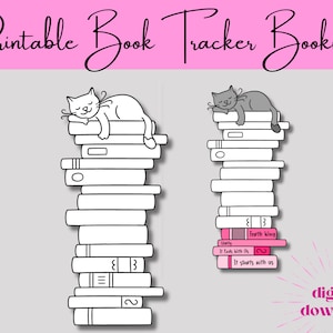 May include: Printable book tracker bookmark featuring a black and white cat napping on a pile of books. The bookmark has spaces to write the titles of books read. The text "Printable Book Tracker Bookmark" is at the top of the image. The text "digital download" is at the bottom of the image.