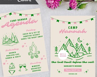 Camp Bachelorette Party Invitation Itinerary Template, Mountain Bachelorette Girls Trip Weekend Invite Hike Last Trail Before The Veil Canva