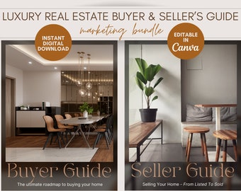 May include: A digital marketing bundle for real estate buyers and sellers. The bundle includes two guides: a buyer's guide and a seller's guide. The guides are editable in Canva and can be downloaded instantly.