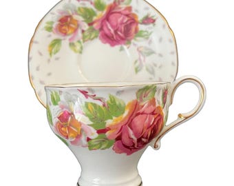 Vintage Teacup Set with Roses, Fine Bone China and Gold Gilding