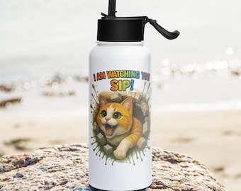 Botella de agua de acero inoxidable con tapa de pajita y diseño de gato divertido - 32 oz