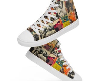 Mens High Tops Canvas Shoes with Vintage Newspaper Print Design