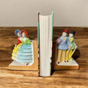 Vintage Ceramic Bookends: Hand-Painted Victorian Couple, Made in Japan