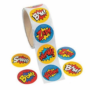 Superhero Party Stickers Super Hero Kapow Zap Boom Bam Pack of 50