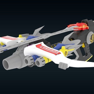 May include: A white and gray toy weapon with a red and black blade attached. The weapon has a yellow and blue design and the words "LEONIDAS" printed on it.