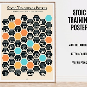Może przedstawiać: Czarno-biały plakat z wzorem plastra miodu przedstawiający 48 ćwiczeń stoickich. Plakat nosi tytuł "Stoic Teachings Poster - Workout Board with 48 Stoic Exercises -" i zawiera tekst "Stoic Training Poster", "48 Stoic Exercises", "Exercise Guide" i "Free Shipping".