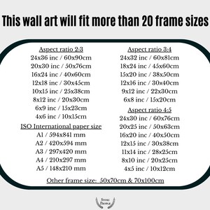 May include: A chart showing the different frame sizes that can fit a wall art piece. The chart lists the sizes in inches and centimeters, and includes aspect ratios of 2:3, 3:4, and 4:5. The chart also includes standard ISO paper sizes in millimeters. The text at the top of the chart reads "This wall art will fit more than 20 frame sizes".