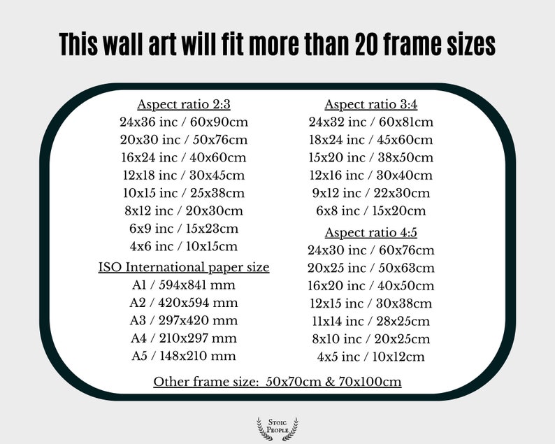 May include: A chart showing the different frame sizes that can fit a wall art piece. The chart lists the sizes in inches and centimeters, and includes aspect ratios of 2:3, 3:4, and 4:5. The chart also includes standard ISO paper sizes in millimeters. The text at the top of the chart reads "This wall art will fit more than 20 frame sizes".