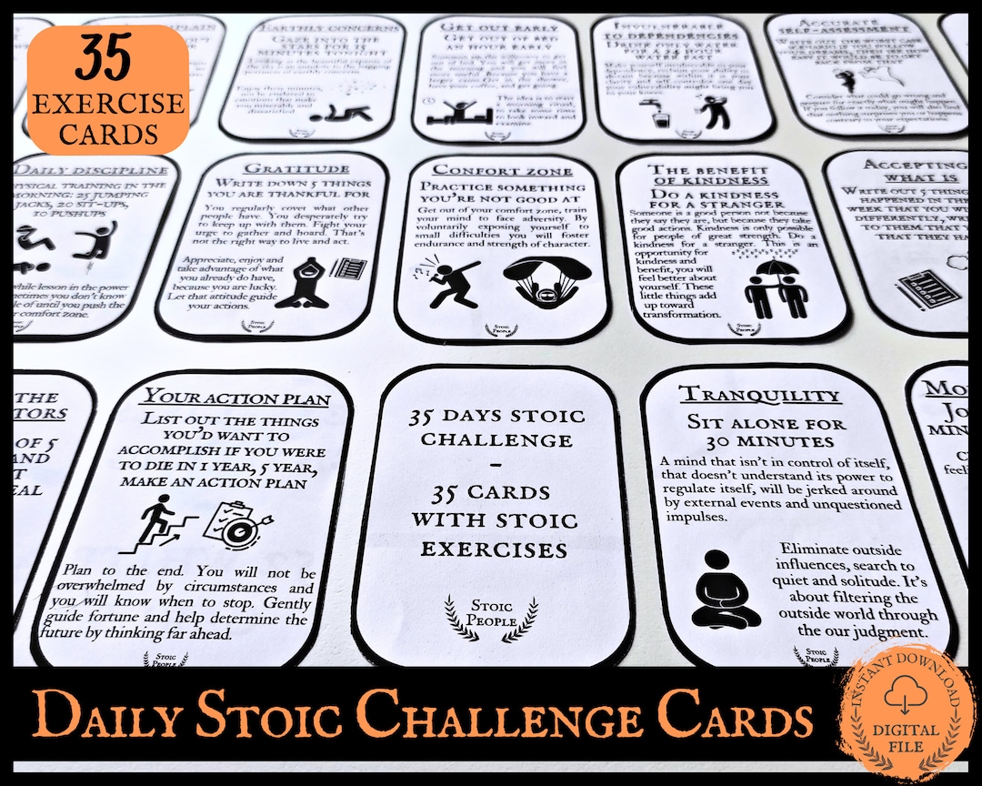 Stoicism Cards, Stoic Exercise Challenge Cards, Daily Stoic Card Set