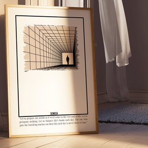 Poster sullo stoicismo con citazione Memento Mori del filosofo Seneca per ricordare la morte, citazione di Seneca sul Momento Mori Memento Vivere, arte stoica