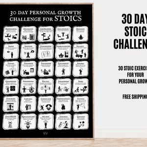 Daily Stoic Practices Monthly Challenge Poster, Self Growth Training 30 Day Stoicism Challenge with Practical Exercises, Intellectual Growth
