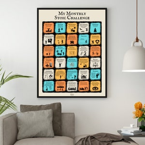 Stoicism Exercises Monthly Challenge Poster with 30 Daily Stoic Teachings and practical guide for each exercise. Self Growth Mindset and Intellectual Growth in this practical Stoic Poster for Stoic Lovers. Change your life with this Life Philosophy