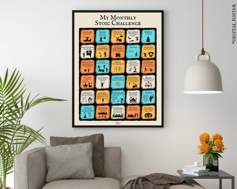 Stoicism Exercises Monthly Challenge Poster with 30 Daily Stoic Teachings and practical guide for each exercise. Self Growth Mindset and Intellectual Growth in this practical Stoic Poster for Stoic Lovers. Change your life with this Life Philosophy