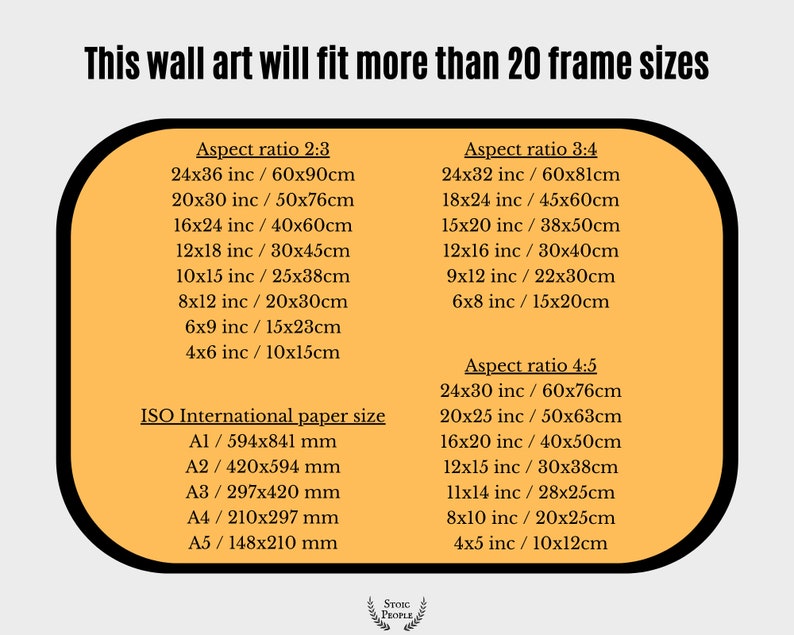 Puede incluir: Un gr&aacute;fico amarillo y negro con el texto "This wall art will fit more than 20 frame sizes". El gr&aacute;fico enumera diferentes relaciones de aspecto y los tama&ntilde;os de marco correspondientes en pulgadas y cent&iacute;metros. El gr&aacute;fico tambi&eacute;n enumera los tama&ntilde;os de papel ISO internacionales en mil&iacute;metros.