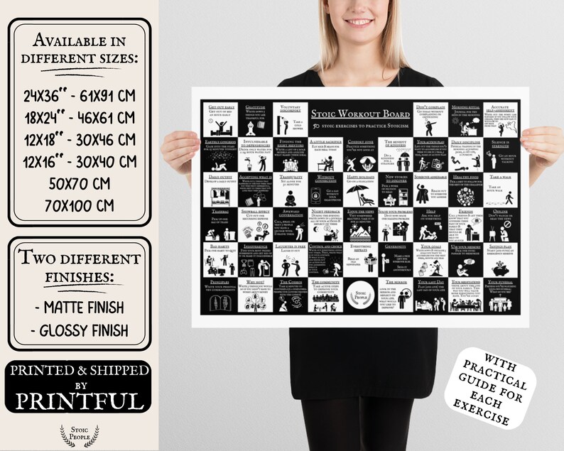 Practical Stoicism Training Board Daily Stoic Practices, Stoicism Daily Practices Monthly Poster, Monthly Stoic Board Practical Stoicism Exercises, Monthly Stoic Workout Poster Training of Stoicism