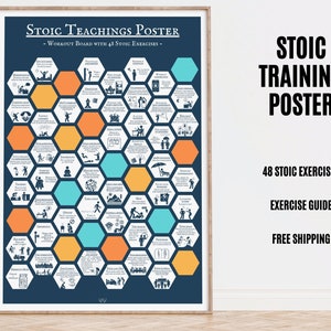 Może przedstawiać: Niebieski plakat z tytułem "Stoic Teachings Poster" i podtytułem "Workout Board with 48 Stoic Exercises". Plakat przedstawia wzór plastra miodu z 48 sześciokątnymi komórkami, z których każda zawiera inne ćwiczenie stoickie. Plakat zawiera również tekst "Stoic Training Poster", "48 Stoic Exercises", "Exercise Guide" i "Free Shipping".