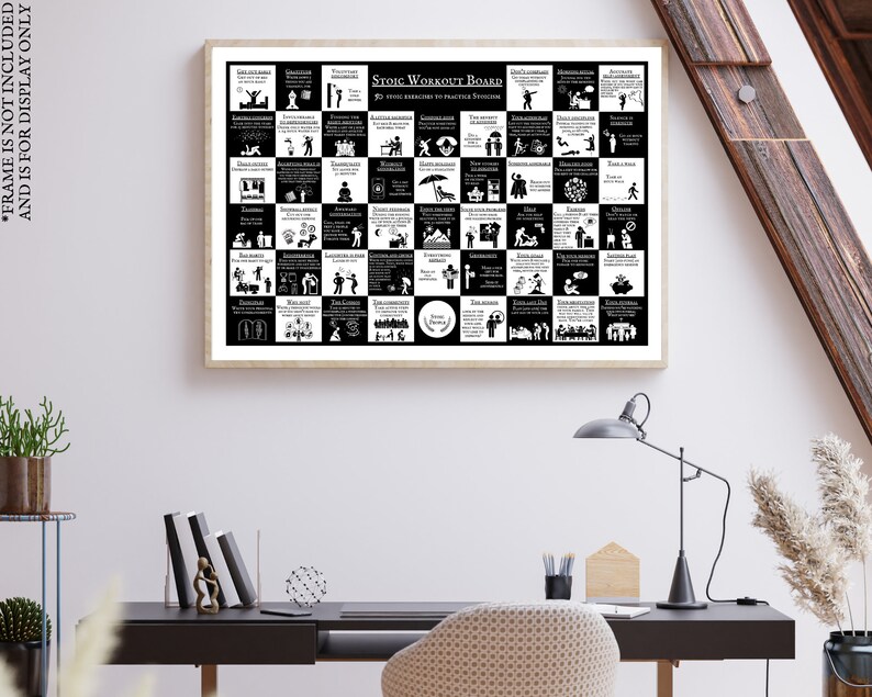 Guided Workout on Stoicism Philosophy, Stoic Routine Chart, Mental Health Wellness, Meaning of Stoicism with Stoic Exercises Monthly Poster, Main Stoic Attributes in Daily Stoicism Challenge, Principal Stoic Teachings Board