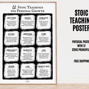 Filosofia stoica in 12 principi moderni dello stoicismo, stampa stoica con pensieri stoici, mentalità di crescita personale, idee sullo stoicismo, riflessione stoica