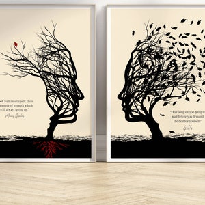 May include: Two black and white printable art prints with inspirational quotes. The first print features a tree with branches forming a human face and the quote "Look well into thyself; there is a source of strength which will always spring up." by Many Ling. The second print features a tree with branches forming a human face and the quote "How long are you going to wait before you demand the best for yourself?" by Oprah Winfrey.
