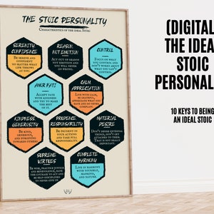 May include: A beige printable poster with a light blue and orange hexagonal graphic design. The poster features the text "The Stoic Personality" and "10 Keys to Being an Ideal Stoic".