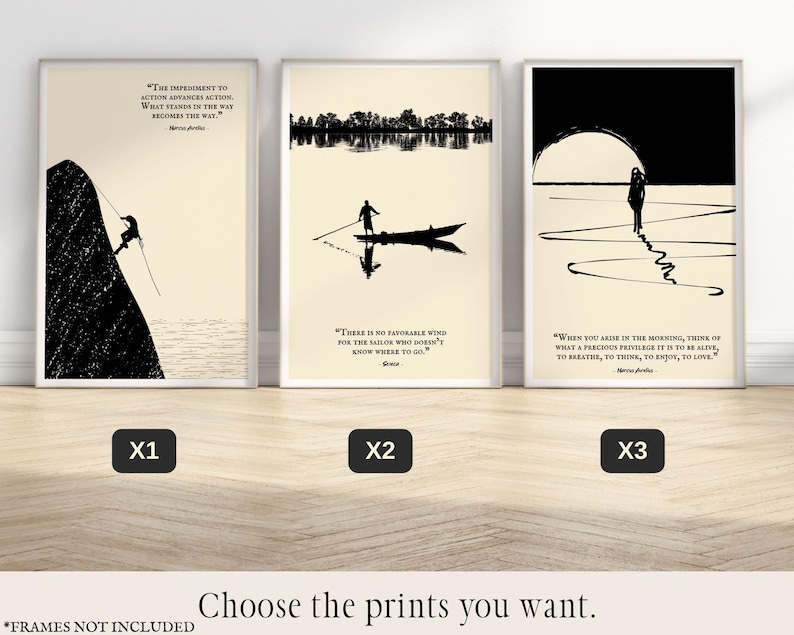 Immerse yourself in the ancient wisdom of the Stoic philosophers Marcus Aurelius and Seneca with this unique set of prints. Each vertical poster showcases a profound quote from the likes of roman Emperor Marcus Aurelius and philosopher Seneca.