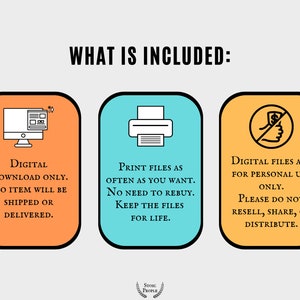 Puede incluir: Tres cajas naranja, azul y amarilla con iconos y texto que describen el producto de descarga digital. La primera caja muestra una pantalla de ordenador con un icono de archivo. El texto dice "Descarga digital &uacute;nicamente. No se enviar&aacute; ni se entregar&aacute; ning&uacute;n art&iacute;culo." La segunda caja muestra un icono de impresora. El texto dice "Imprima los archivos tantas veces como desee. No es necesario volver a comprar. Conserve los archivos de por vida." La tercera caja muestra una mano con un signo de d&oacute;lar tachado. El texto dice "Los archivos digitales son para uso personal &uacute;nicamente. Por favor, no revenda, comparta o distribuya."