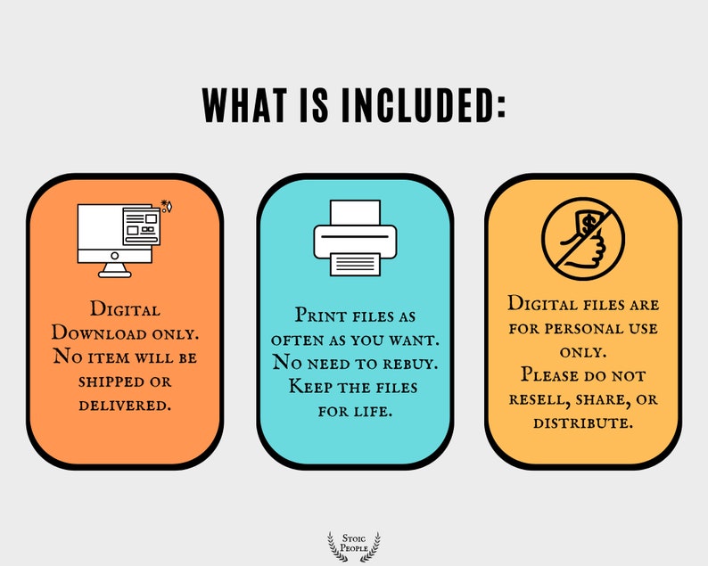 Puede incluir: Tres cajas naranja, azul y amarilla con iconos y texto que describen el producto de descarga digital. La primera caja muestra una pantalla de ordenador con un icono de archivo. El texto dice "Descarga digital &uacute;nicamente. No se enviar&aacute; ni se entregar&aacute; ning&uacute;n art&iacute;culo." La segunda caja muestra un icono de impresora. El texto dice "Imprima los archivos tantas veces como desee. No es necesario volver a comprar. Conserve los archivos de por vida." La tercera caja muestra una mano con un signo de d&oacute;lar tachado. El texto dice "Los archivos digitales son para uso personal &uacute;nicamente. Por favor, no revenda, comparta o distribuya."