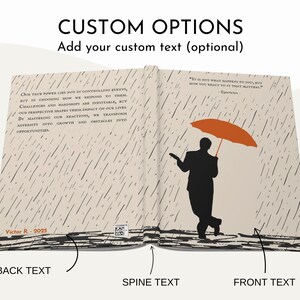May include: A closed book with a beige cover and black text. The front cover features a silhouette of a person holding an orange umbrella in a rain storm. The back cover features a quote about overcoming challenges. The text on the spine reads "Victor R. - 2025".