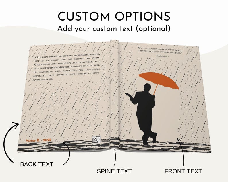May include: A closed book with a beige cover and black text. The front cover features a silhouette of a person holding an orange umbrella in a rain storm. The back cover features a quote about overcoming challenges. The text on the spine reads "Victor R. - 2025".
