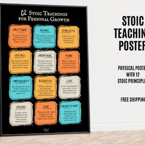 Stampa sullo stoicismo con 12 idee stoiche principali, filosofia stoica quotidiana in quest'arte stoica, riflessioni stoiche di Marco Aurelio, regali sulla mentalità stoica