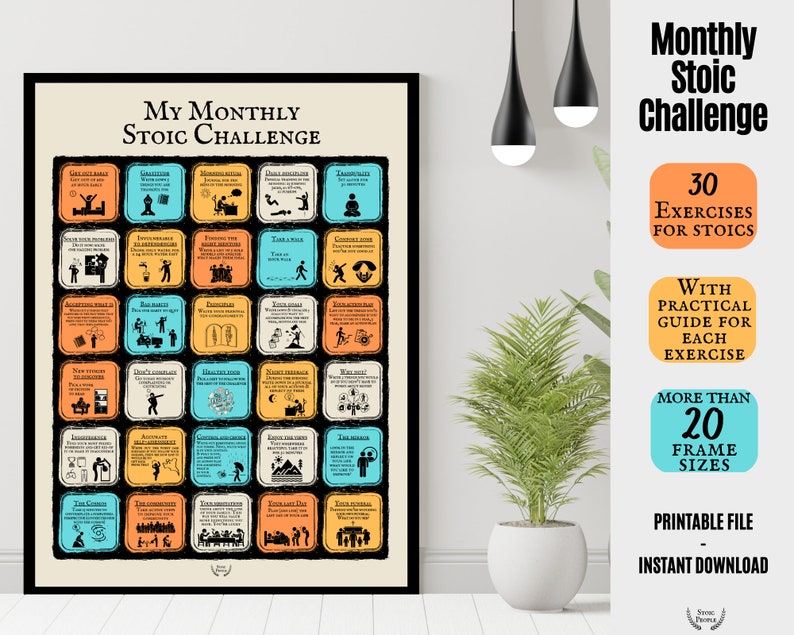Printable Stoic Exercise Game, 30 Stoicism exercises Board, Personal Growth, Positive Mindset, Practical Stoic Knowledge, Stoic Mindset Print, 30 Daily Exercises on Stoicism, Monthly Stoic Challenges, Monthly Stoicism Print, Stoic Tool