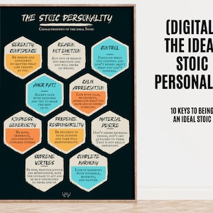 Może przedstawiać: Czarno-biały plakat do wydrukowania z tytułem "The Stoic Personality" i listą 10 kluczowych cech idealnej osobowości stoickiej, w tym spokój, pewność siebie, rozum, brak emocji, kontrola, amor fati, spokojne docenianie, dobroć, hojność, roztropność, odpowiedzialność, pragnienie materialne, najwyższe cnoty i pełna harmonia.