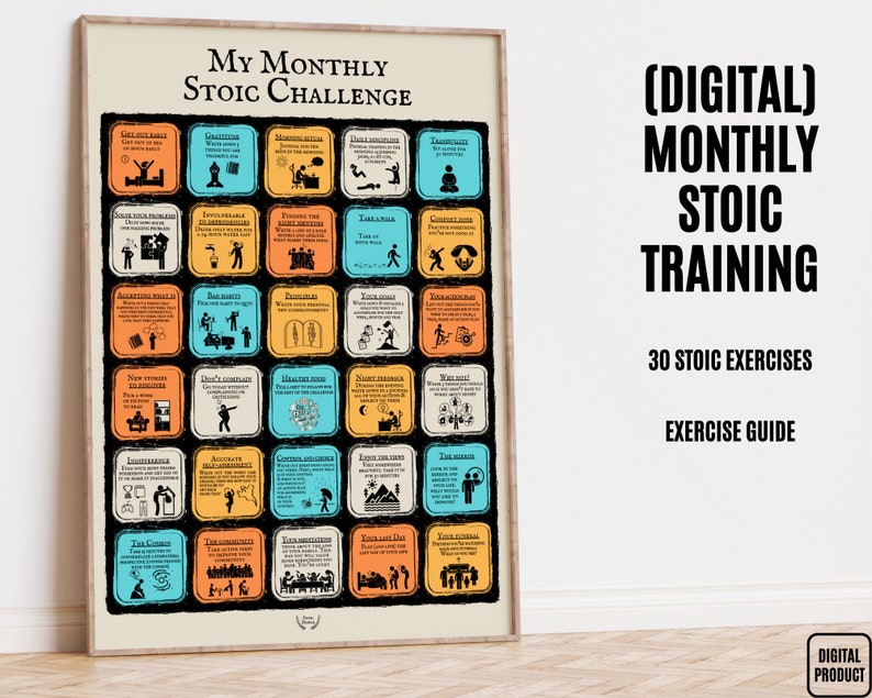Personal Growth Mindset in this Stoic poster to Grow. A Mental Development with 30 Daily Stoic practices in your home. A monthly stoic routine for an Improvement Training and Mental Enhancing. Stoic philosophy is practice to improve your life.