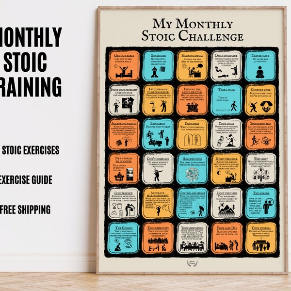 Monthly Stoic Exercise Set, Monthly Challenge on Stoicism Wall Art, Stoic Poster, Self-realization and Intellectual Exercises, Mental Growth