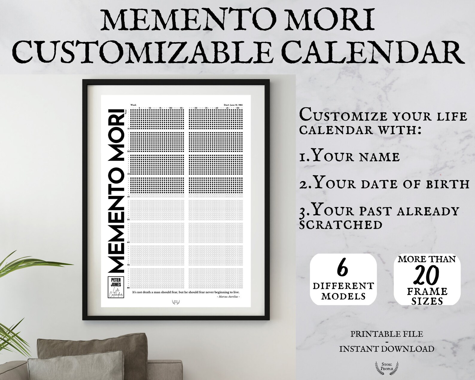 Personalized Memento Mori Stoic Calendar Life in Weeks Etsy