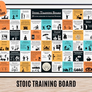 Może przedstawiać: Kolorowa tabela z 50 ćwiczeniami stoickimi, aby ćwiczyć stoicyzm. Tabela jest podzielona na siatkę 5x10 kwadratów, z których każdy zawiera inne ćwiczenie. Ćwiczenia są napisane czarną czcionką na białym tle. Tabela jest oprawiona w czarną ramkę.