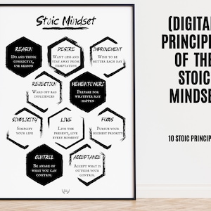 Może przedstawiać: Czarno-biały plakat do wydrukowania z tytułem "Stoic Mindset" i schematem 10 zasad stoickich. Zasady to: Rozum, Pragnienie, Poprawa, Odrzucenie, Memento Mori, Prostota, Życie, Kontrola, Skupienie i Akceptacja.