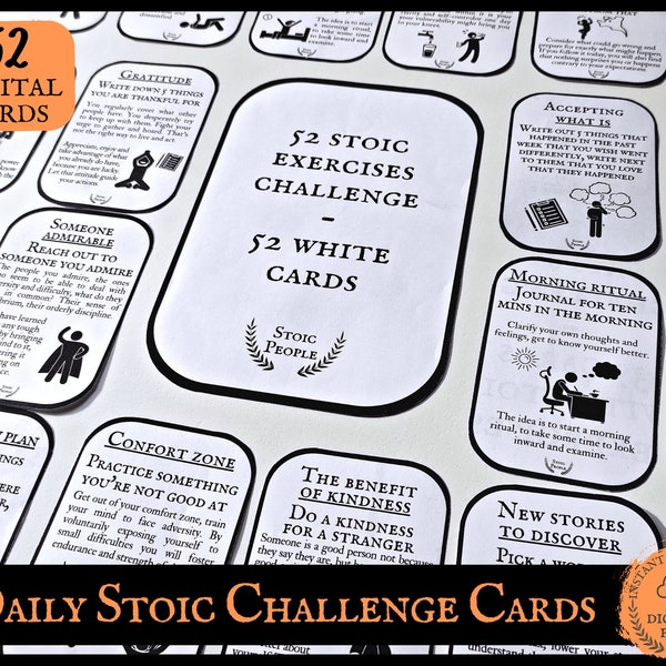 Daily Stoic Card Set, Stoicism Exercise Card Deck, Stoic Challenge cards, Self Growth Mindset Cards, Stoic Reflection Cards Self Development