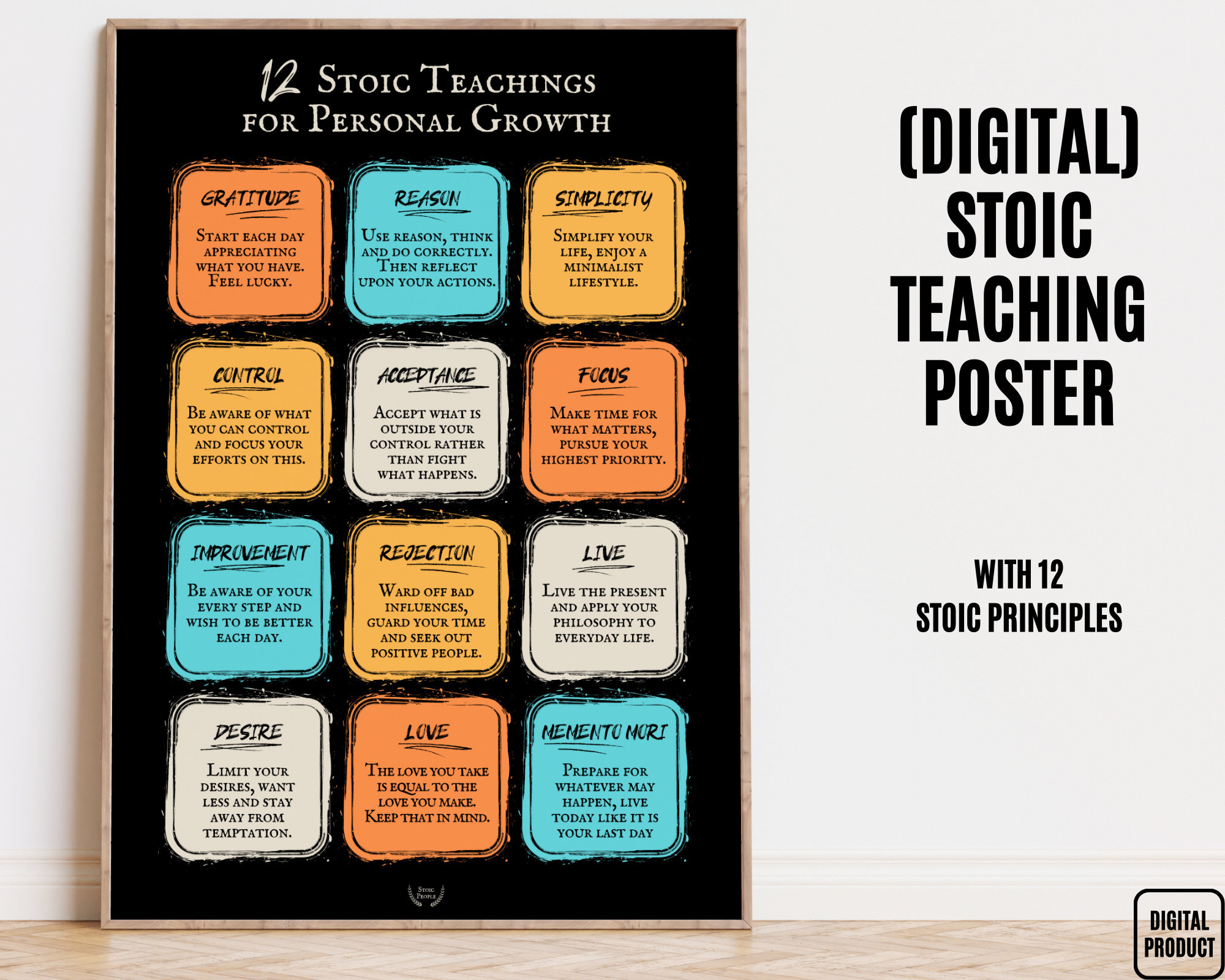 Stoicism Meaning for Personal Growth, Stoic Reflections for Self Growth Mindset, Digital Stoic Teaching Wall Art, Practical Stoicism Poster
