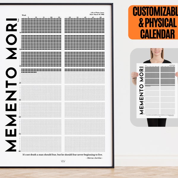 Memento Mori gepersonaliseerde levenskalender weken fysieke poster, stoïcijns leven in weken aangepaste kalender voor muur, stoïcisme aangepaste kalender