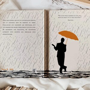 May include: An open book with a quote about responding to challenges. The left page features a quote about transforming adversity into growth. The right page features a quote by Epictetus about reacting to events. The background is a rainy day illustration.
