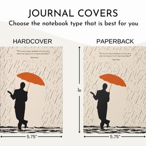 May include: Two journal cover options are shown: hardcover and paperback. Both covers feature a minimalist design with a silhouette of a person walking in the rain holding an orange umbrella. The quote "It is not what happens to you, but how you react to it that matters." by Epictetus is printed on both covers. The covers are 8 inches tall and 5.75 inches wide.