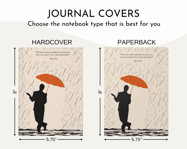 May include: Two journal cover options are shown: hardcover and paperback. Both covers feature a minimalist design with a silhouette of a person walking in the rain holding an orange umbrella. The quote "It is not what happens to you, but how you react to it that matters." by Epictetus is printed on both covers. The covers are 8 inches tall and 5.75 inches wide.