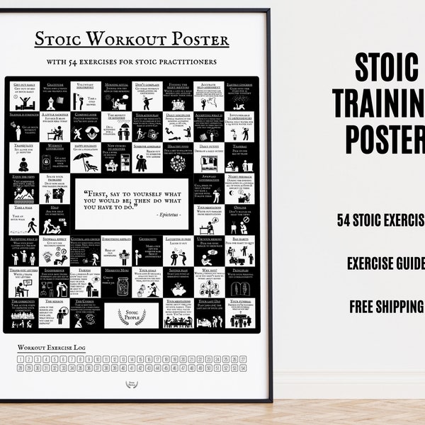 Stoicism Art Print with 54 Daily Stoic Exercises, Daily Stoic Activitie Poster, Stoicism Workout Exercise Poster, Daily Stoic Exercise Game