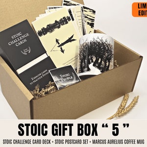 Mental Health box for Stoic Philosophy Lovers, Stoic Challenge Cards with Daily Stoic Exercises, Marcus Aurelius Mug, Thank you Gift Basket