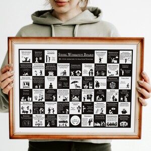 Practical Stoicism Wall art with 50 Daily Stoic Routines. A motivational Stoic Art Print with 5o Stoic Practices to complete the modern stoic Workout. Inspirational Stoic game in this Exercise Poster Print, Free Shipping.