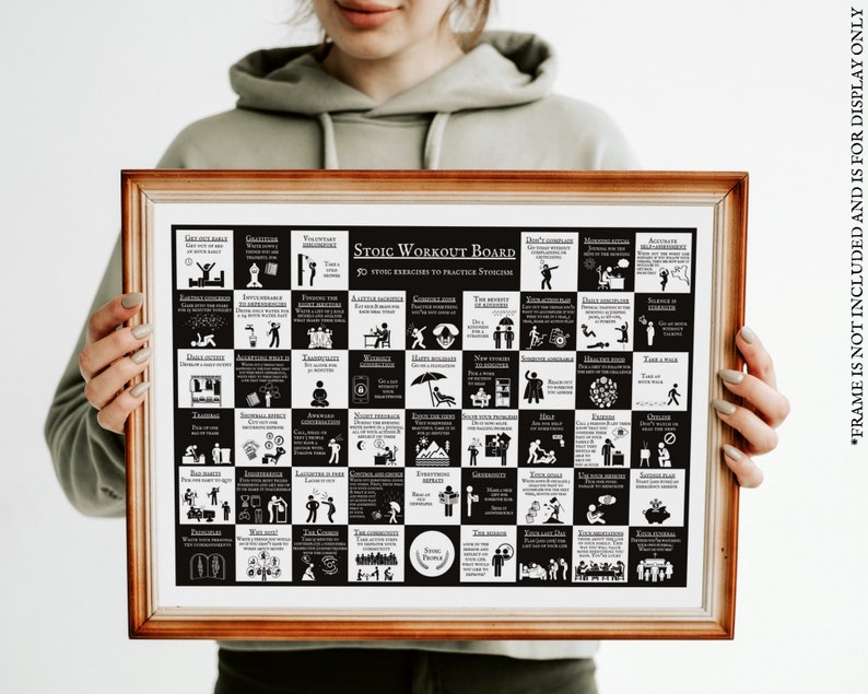 Practical Stoicism Wall art with 50 Daily Stoic Routines. A motivational Stoic Art Print with 5o Stoic Practices to complete the modern stoic Workout. Inspirational Stoic game in this Exercise Poster Print, Free Shipping.