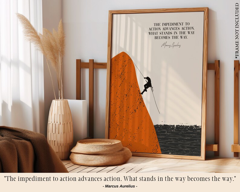 Stoic philosophy quote in this beautiful poster. Stoic Art Print with a Marcus Aurelius Quote Print, The Impediment to Action is the Obstacle is the Way. Marcus Aurelius Art for Stoics, teachers and philosophical lovers, A perfect Stoicism Gift
