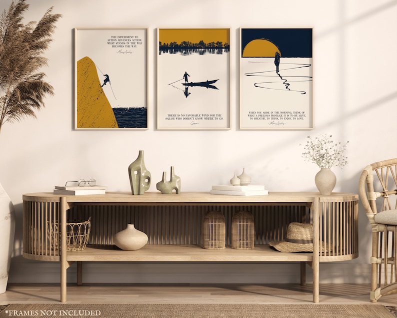 Immerse yourself in the ancient wisdom of the Stoic philosophers Marcus Aurelius and Seneca with this unique set of prints. Each vertical poster showcases a profound quote from the likes of roman Emperor Marcus Aurelius and philosopher Seneca.